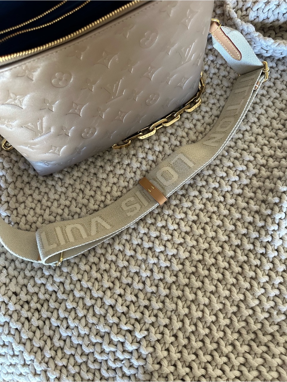 Louis Vuitton Beige Embossed Monogram Crossbody Bag with Cream Strap - Picture 7 of 10